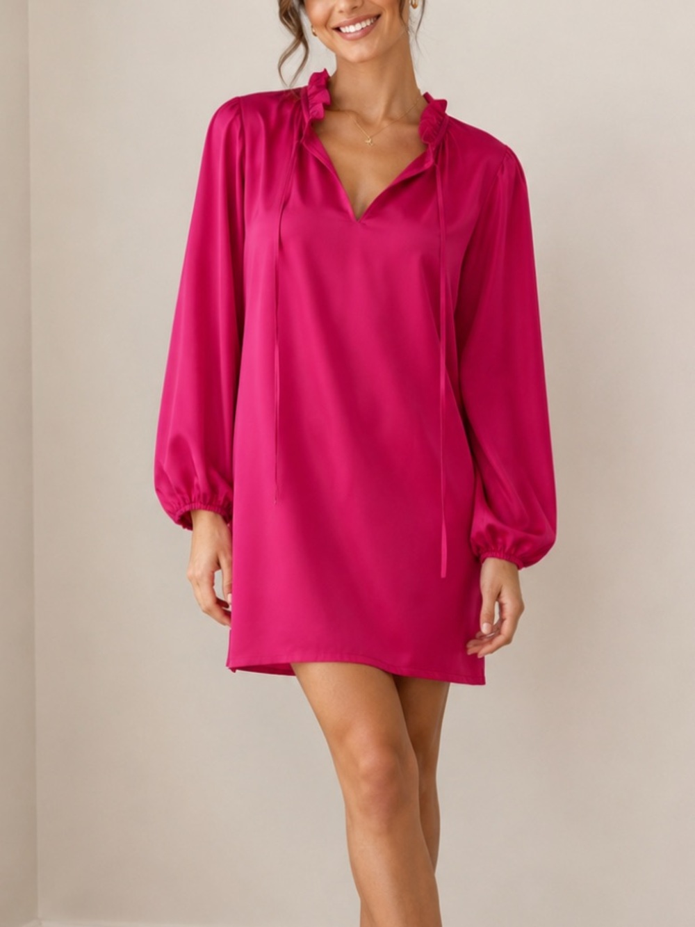 Anne Klein Vibrant Pink Long Sleeve Mini Dress